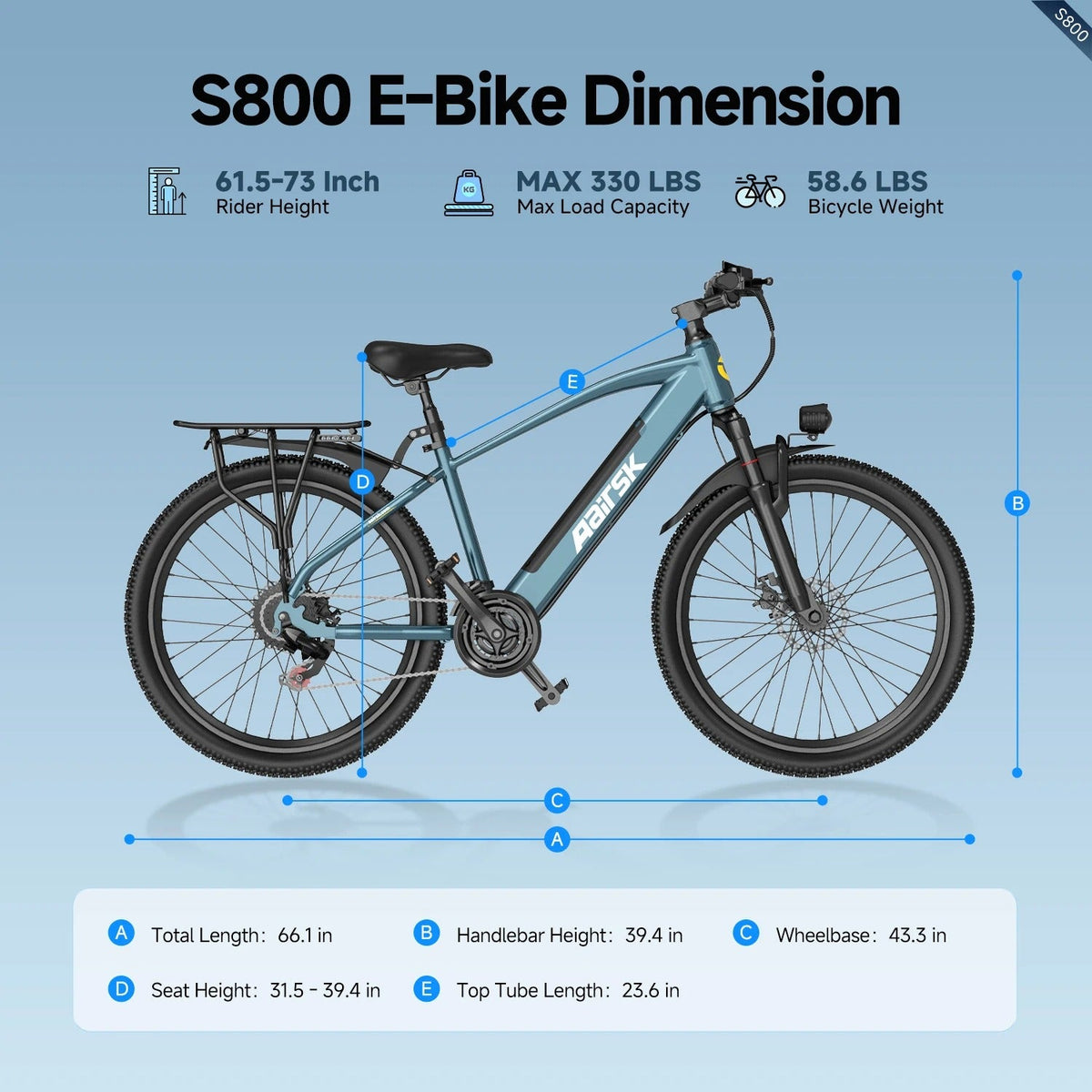 Aairsk S800 26" Electric Hybrid Bike, 36V 13Ah Removable Battery 40-60KM Range