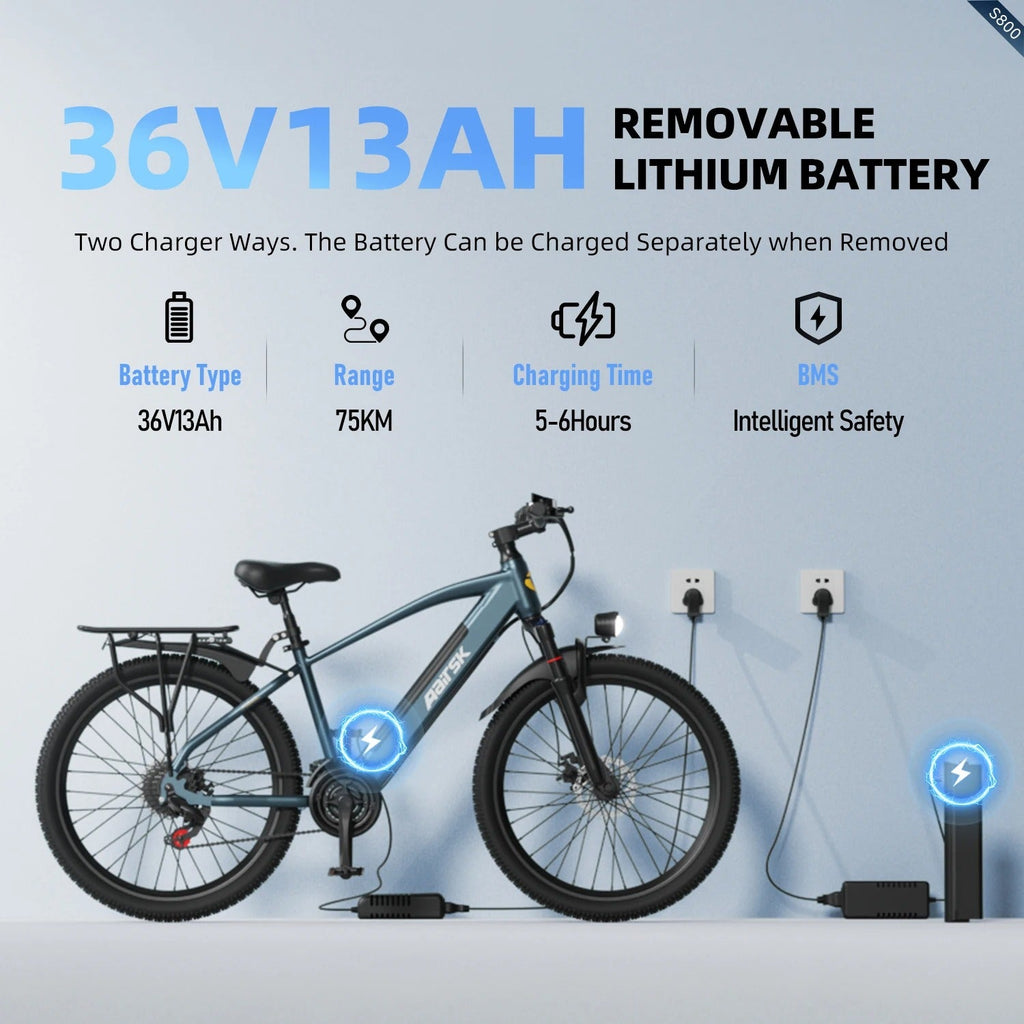 Aairsk S800 26" Electric Hybrid Bike, 36V 13Ah Removable Battery 40-60KM Range
