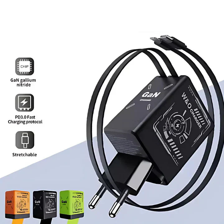 Dual Charger: Fast Charging Double Retractable Cable Travel Charger