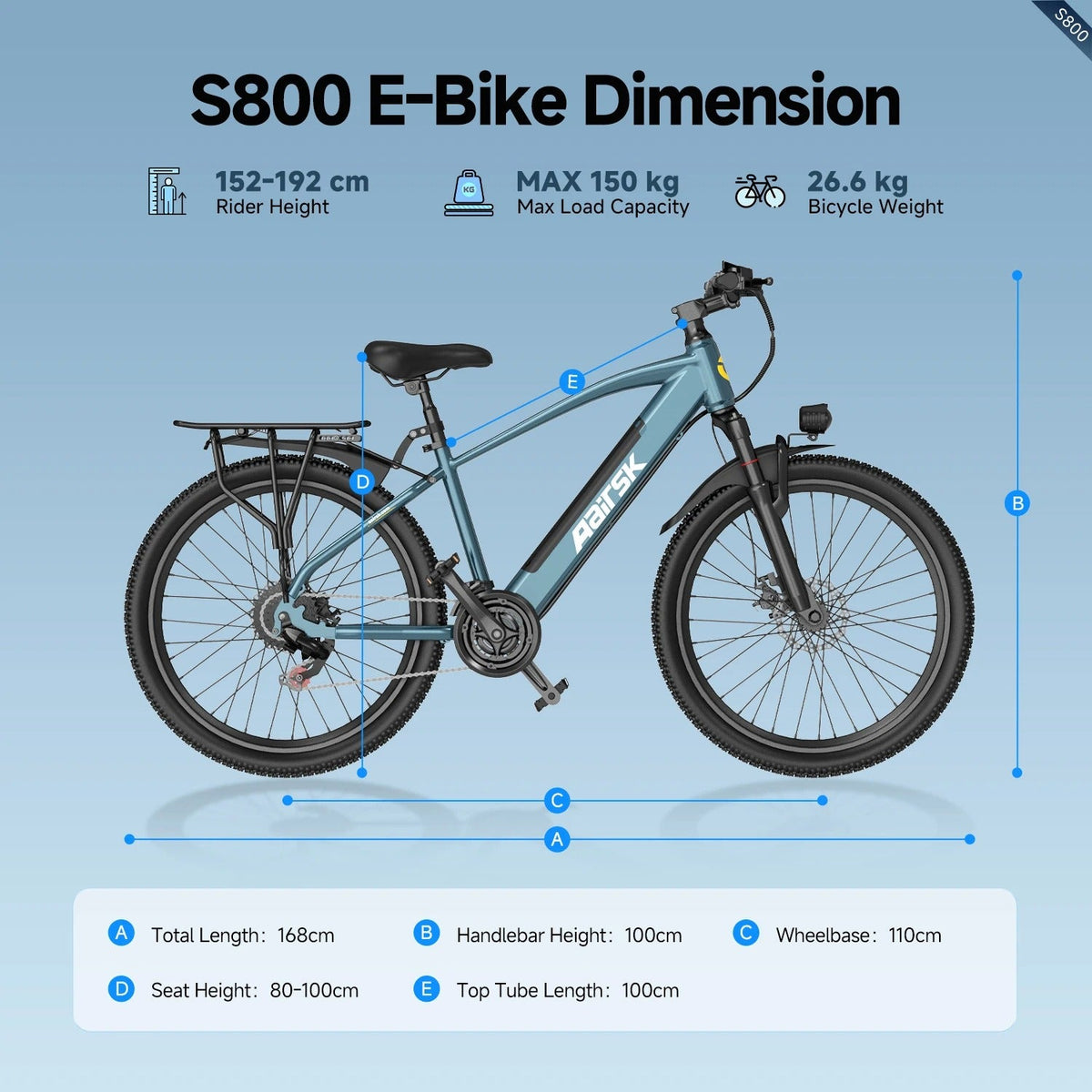 Aairsk S800 26" Electric Hybrid Bike, 36V 13Ah Removable Battery 40-60KM Range